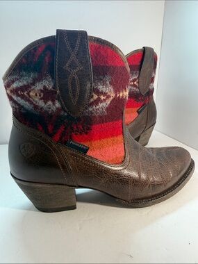 Pendleton Brown Leather & Red Patterned Wool Western Short Boots